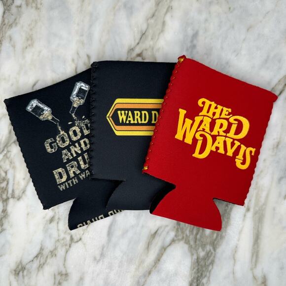 THE WARD DAVIS Beer Coozie Can Holder Set of Three in Black/Red - Picture 1 of 2